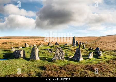 Stone Circle and Stone Row alignment at Down Tor on Dartmoor National Park in Devon also known as Hingston Hill Stock Photo