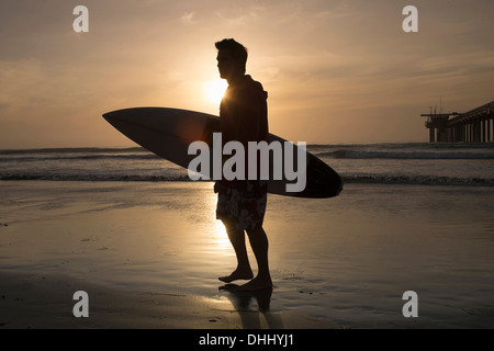 Surfer silhouetted on beach Stock Photo