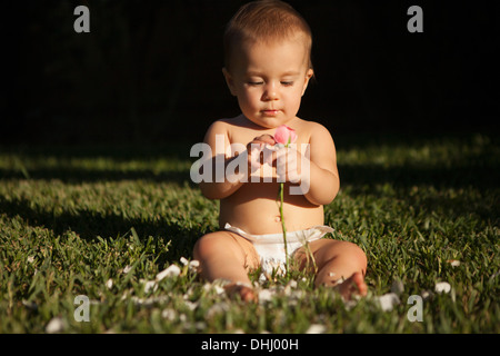 Baby girl sitting on grass holding rose Stock Photo