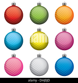 Christmas baubles, different colors and patterns, isolated on white background Stock Photo