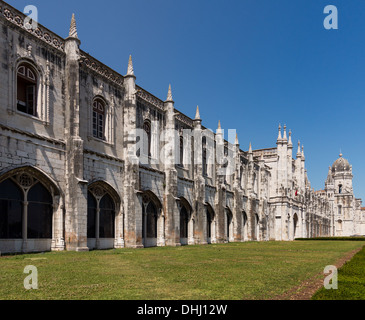 Detail of ornate gothic carvings and architecture around entrance to Jeronimos Monastery in Belem near Lisbon Portugal Stock Photo