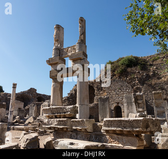 Ruins of the buildings / temples in old city of Ephesus which was a famous Ancient Greek city now in Turkey Stock Photo