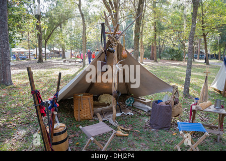 Pioneer living encampment at Native American Festival at Oleno State Park in North Florida. Stock Photo