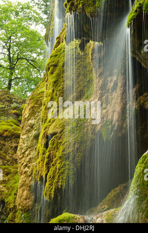Water running over a moss-covered rock face, Schleierfall, Schleier waterfall, Ammer, Pfaffenwinkel, Garmisch, Upper Bavaria, Ba Stock Photo
