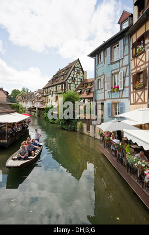 Restaurant and cafe along the canal in Petite Venise, Colmar, Alsace, France Stock Photo