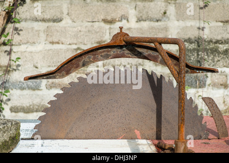 An old circular saw for cutting logs, driven by a belt from a tractor. Modbury. Devon. UK Stock Photo