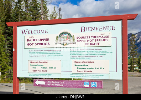 modern Entrance sign to the Upper Hot Springs Pool Banff township Banff National Park Alberta canada Stock Photo