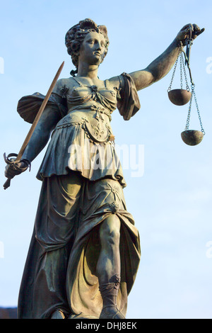 Sculpture of Lady Justice, Justitia on the Römerplatz in Frankrfurt am Main, Germany Stock Photo