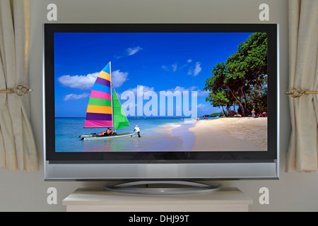 Flat panel 40' diagonal LCD television in room setting with photographers own copyright image inserted onto TV (see Alamy additional info panel) Stock Photo