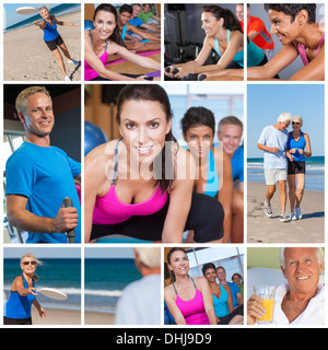 Interracial men, women and senior people working out at a gym, active exercising on the beach and enjoying a healthy lifestyle Stock Photo