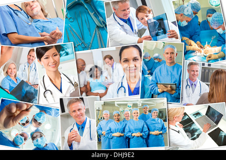 interracial medical staff, men and women, doctors and nurses team in hospital, surgery operation, helping examining patients Stock Photo