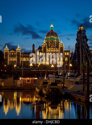 A view of the British Columbia Parliament Building and the Inner Harbour in Victoria, British Columbia, Canada at Christmas. Stock Photo