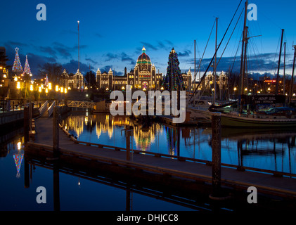 A view of the Inner Harbour and British Columbia Parliament Building at Christmas. Stock Photo