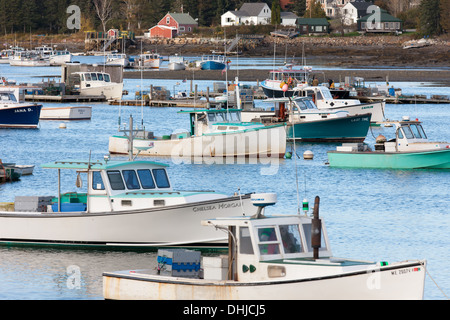 Lobster boats moored in Bass Harbor in Tremont, Maine. Stock Photo