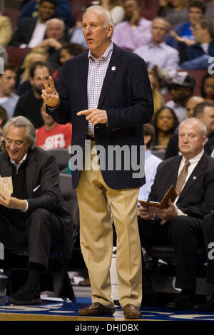 November 11, 2013: San Antonio Spurs head coach Gregg Popovich reacts on the sidelines during the NBA game between the San Antonio Spurs and the Philadelphia 76ers at the Wells Fargo Center in Philadelphia, Pennsylvania. The Spurs win 109-85. (Christopher Szagola/Cal Sport Media) Stock Photo