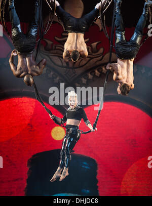 Pop singer Pink performing live Stock Photo