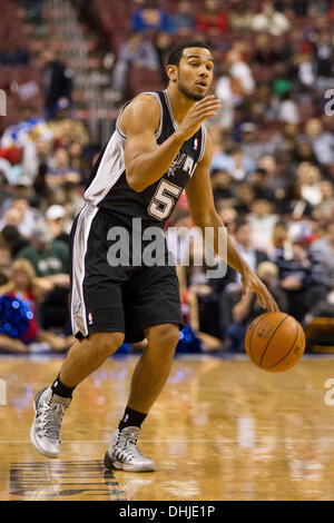 November 11, 2013: San Antonio Spurs point guard Cory Joseph (5) in action during the NBA game between the San Antonio Spurs and the Philadelphia 76ers at the Wells Fargo Center in Philadelphia, Pennsylvania. The Spurs win 109-85. (Christopher Szagola/Cal Sport Media) Stock Photo