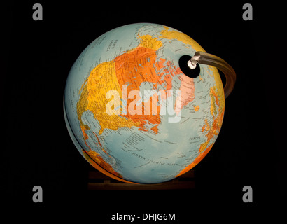 A view of North America and the North Atlantic Ocean on a beautiful, illuminated globe. Stock Photo