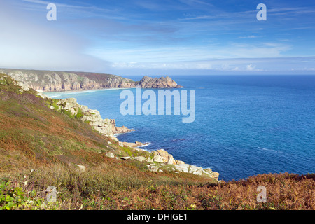 Coast of Cornwall England in autumn at Porthchapel near the Minack Theatre and Porthcurno Stock Photo