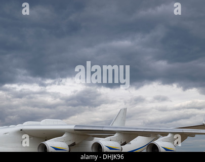 Ivchenko Progress D-18T turbofan engines on Antonov An-225 Mriya airplane with drammatic sky above. Stock Photo