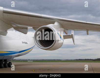 Ivchenko Progress D-18T turbofan engine on Antonov An-225 Mriya airplane during loading of 140 tonne transformer. Stock Photo