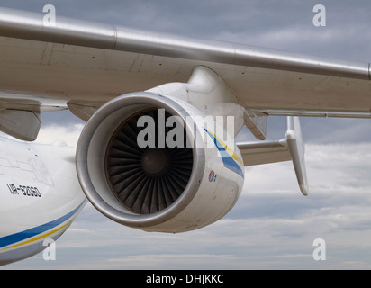 Ivchenko Progress D-18T turbofan engine on Antonov An-225 Mriya airplane during loading of 140 tonne transformer. Stock Photo