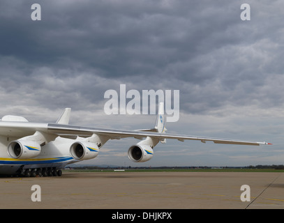 Ivchenko Progress D-18T turbofan engines on Antonov An-225 Mriya airplane during loading of 140 tonne transformer. Stock Photo