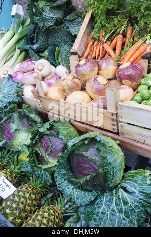 Winter vegetables on sale in Hay on Wye, Wales, UK Stock Photo
