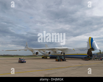 Full view of the Antonov An-225 Mriya airplane during loading session at Pleso, Zagreb Croatia airport. Stock Photo