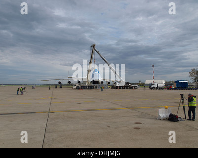 Full frontal view of the Antonov An-225 Mriya airplane during loading of 140 ton load at Pleso, Zagreb Croatia airport. Stock Photo