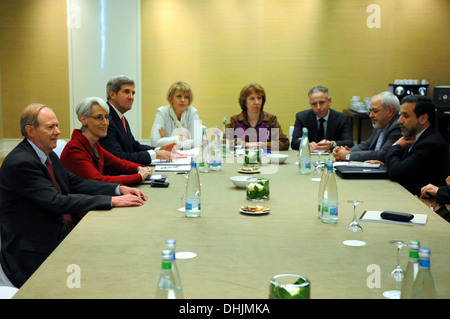 Secretary Kerry, EU High Representative Ashton, and Iranian Foreign Minister Zarif Meet Stock Photo