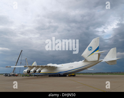 Full side view of the Antonov An-225 Mriya airplane during loading of 140 ton load at Pleso, Zagreb Croatia airport. Stock Photo