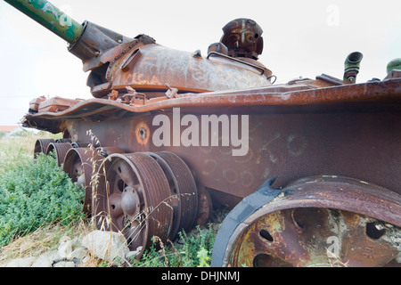 Ex JNA Yugoslav T-55 tank destroyed derelict near Zemunik Dalmatia Croatia closeup marked projectile entrance hole Stock Photo