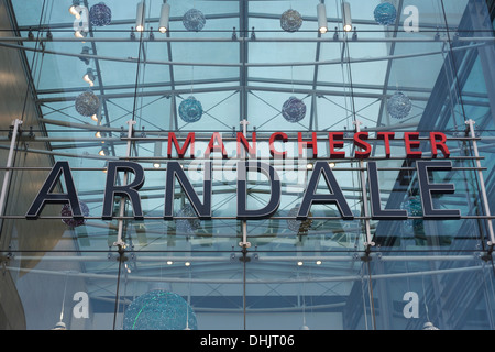 Entrance to the Arndale Centre in Market Street in Manchester at night. Stock Photo