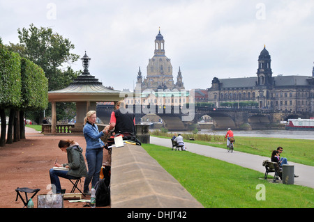 View from the Elbe riverbank onto the old town, Dresden, Saxony, Germany, Europe Stock Photo