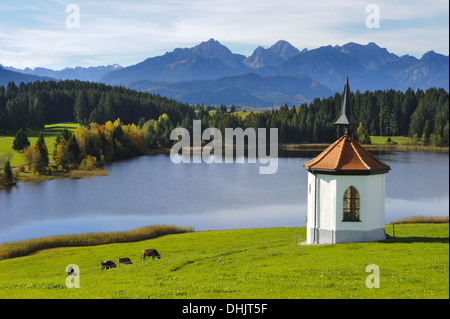 lake and chapel at alps in Bavaria, Germany Stock Photo
