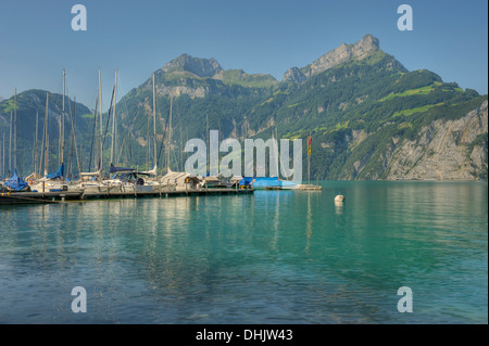 View from Sisikon village onto the Lake Lucerne with Niederbauen Chulm mountain and Urner Alps, Uri, Switzerland, Europe Stock Photo