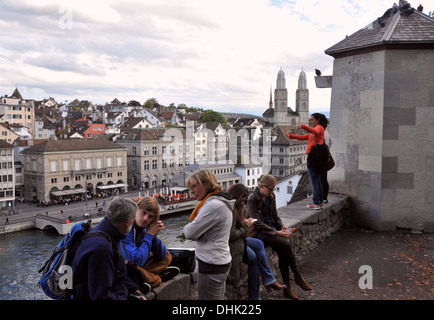 View from Lindenhof onto the old town with Great Minster, Zurich, Switzerland, Europe Stock Photo
