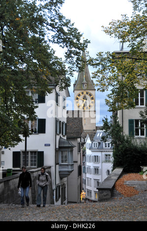 View from Lindenhof onto the old town with St. Peter, Zurich, Switzerland, Europe Stock Photo