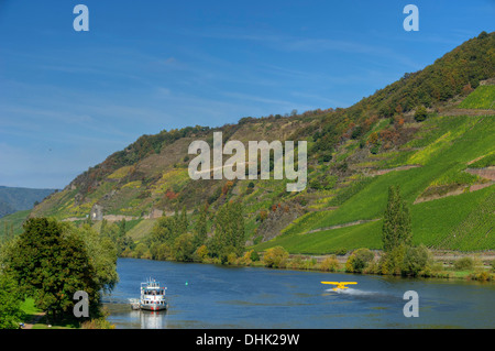 Aeroboat on the Moselle at Trittenheim, Moselle, Rhineland-Palatine, Germany Stock Photo