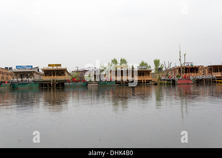 Small garden in the middle of a number of houseboats in the Dal Lake in Srinagar, Kashmir in India. Tourists stay in houseboats. Stock Photo