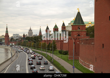 Russia, view on river, and Moscow Kremlin in cloudy day. Stock Photo