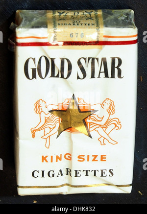 Gold Star is a cigarette brand with a distinctive frontside packaging  design. Known for its mild and smooth smoking experience, it caters to  smokers looking for a moderate tobacco product Stock Photo