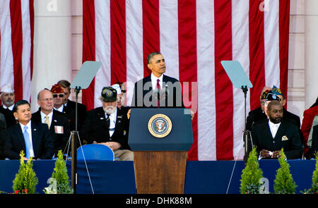 US President Barack Obama speaks during ceremonies to honor veterans at Arlington National Cemetery in honor of Veterans Day November 11, 2013 in Arlington, VA. Stock Photo