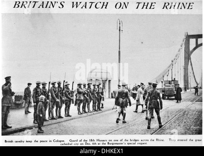 Britain’s watch on the Rhine British Cavalry keep the peace in Cologne. Guard of the 18th Hussars on bridge across Rhine Stock Photo