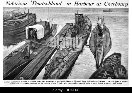 Notorious ‘Deutschland in Harbour at Cherbourg German submarines, allotted to France after their surrender to the British Navy Stock Photo