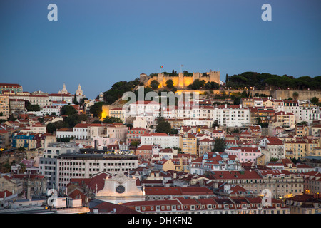 View from Miradouro Sao Pedro de Alcantara in Chiado district across Baixa district and Castelo de San Jorge, St. George's Castl Stock Photo