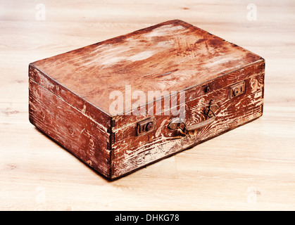 Retro brown wooden suitcase Stock Photo