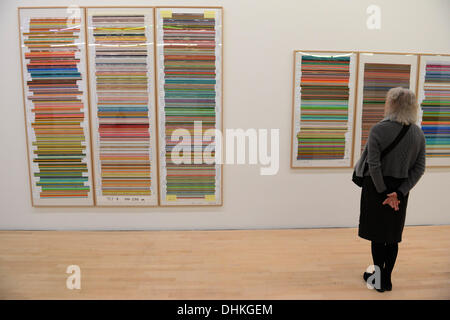 A visitor stands in front of a combination of strip paintings from the year 2012 by the artist Gerhard Richter at the special exhibition 'Gerhard Richter: ATLAS MIKROMEGA' at the Lenbachhaus gallery in Munich, Germany 12 November 2013. Richter's works will be exhibited til 09 February 2014. Photo: FELIX HÖRHAGER Stock Photo