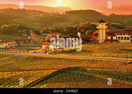 Brazil, Bento Gonçalves: Sunrise in the Vineyard´s Valley around Miolo vine estate, seen from Hotel & Spa do Vinho Stock Photo